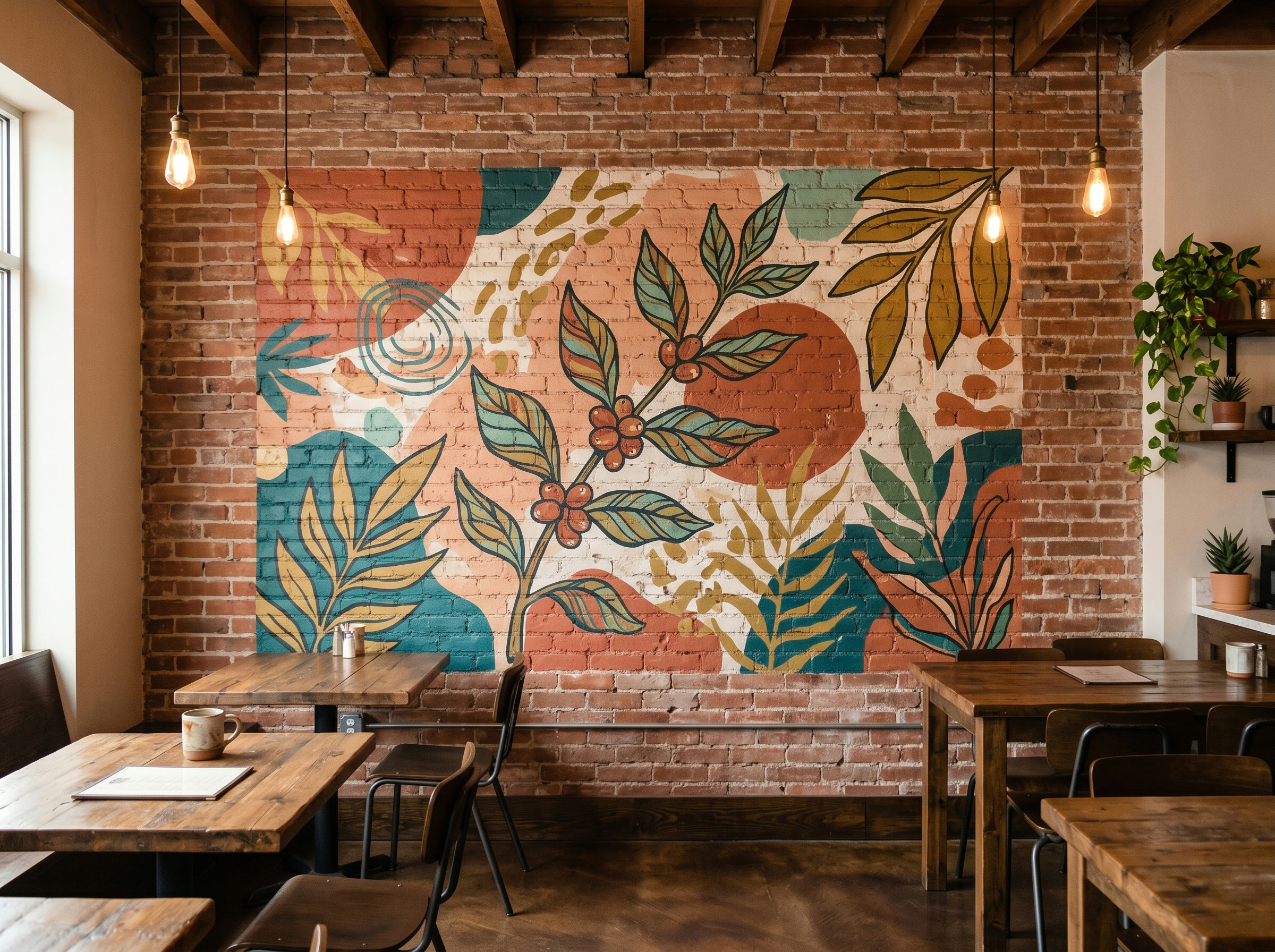 Full-color mural printed directly onto an exposed red brick wall