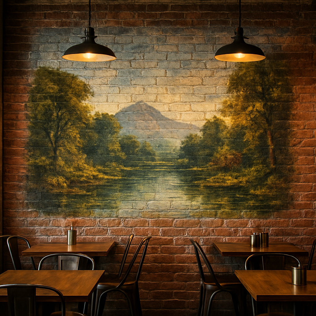 Full-color mural printed directly onto an exposed red brick wall
