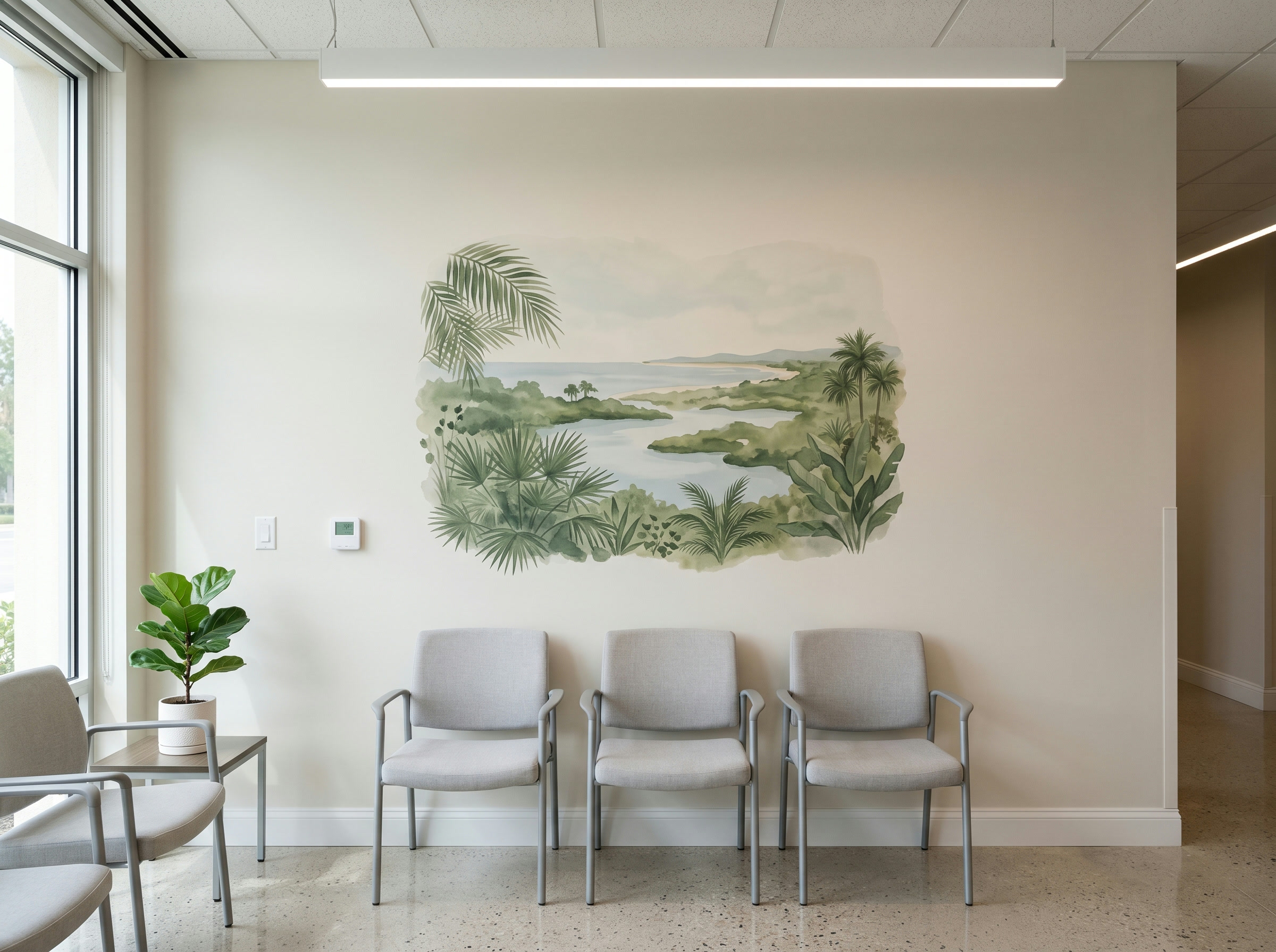 Calming nature mural printed in a medical clinic waiting room