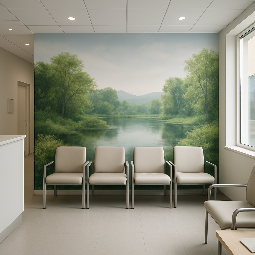 Calming nature mural printed in a medical clinic waiting room