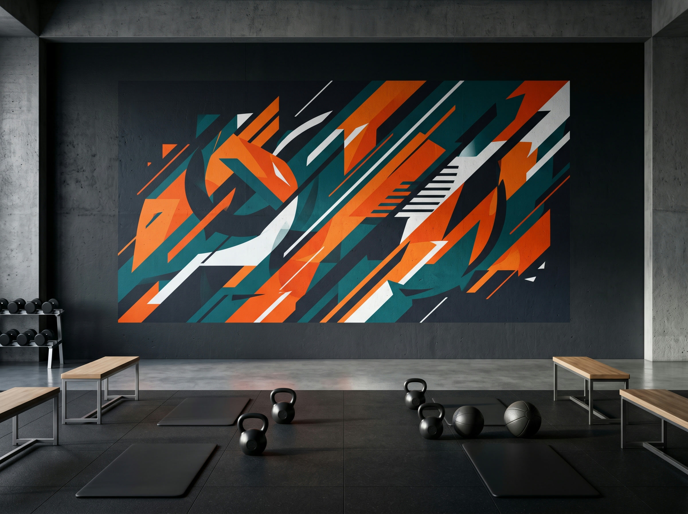 Bold motivational graphic printed on a concrete gym wall