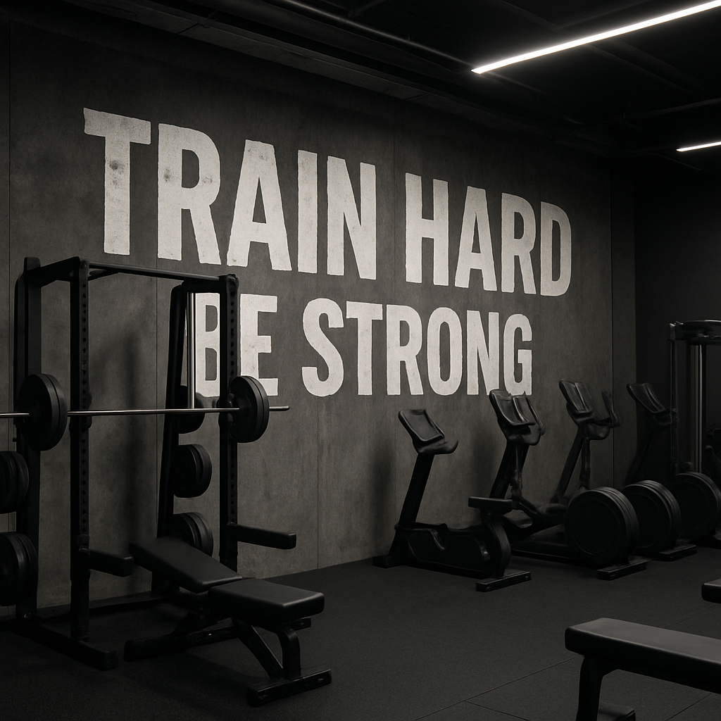 Bold motivational graphic printed on a concrete gym wall