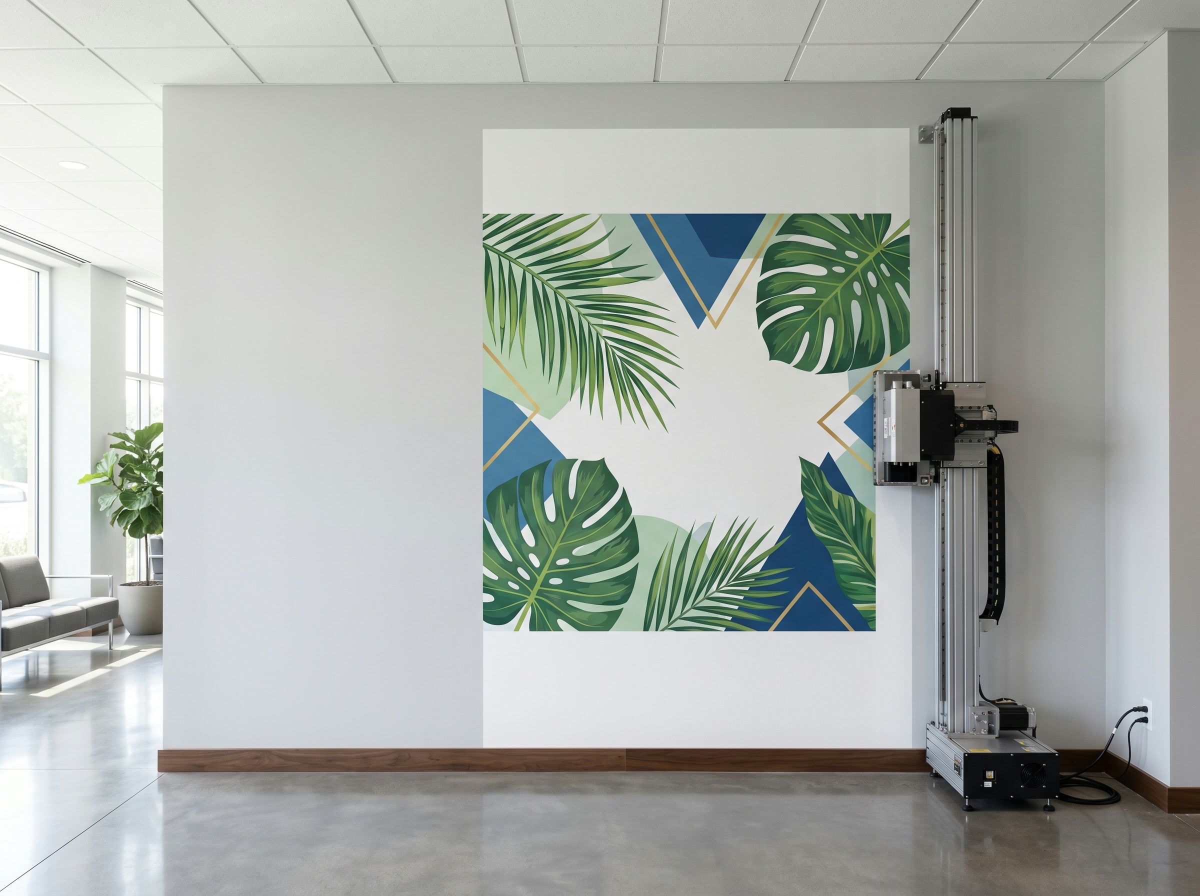UV direct-to-wall printing machine printing a colorful mural onto an interior office wall