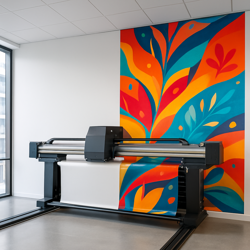 UV direct-to-wall printing machine printing a colorful mural onto an interior office wall