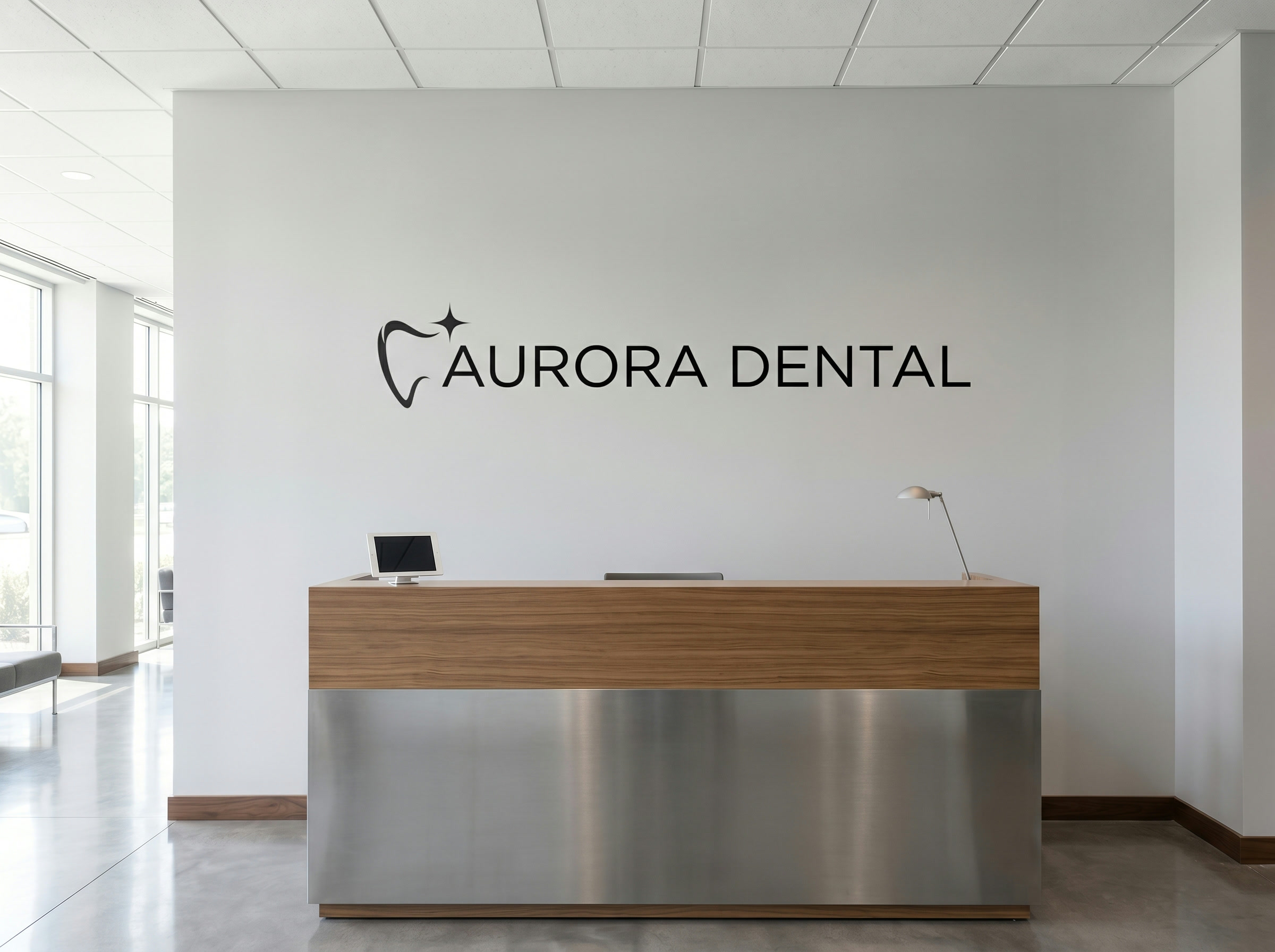 Branded company logo wall printed in a modern office reception lobby