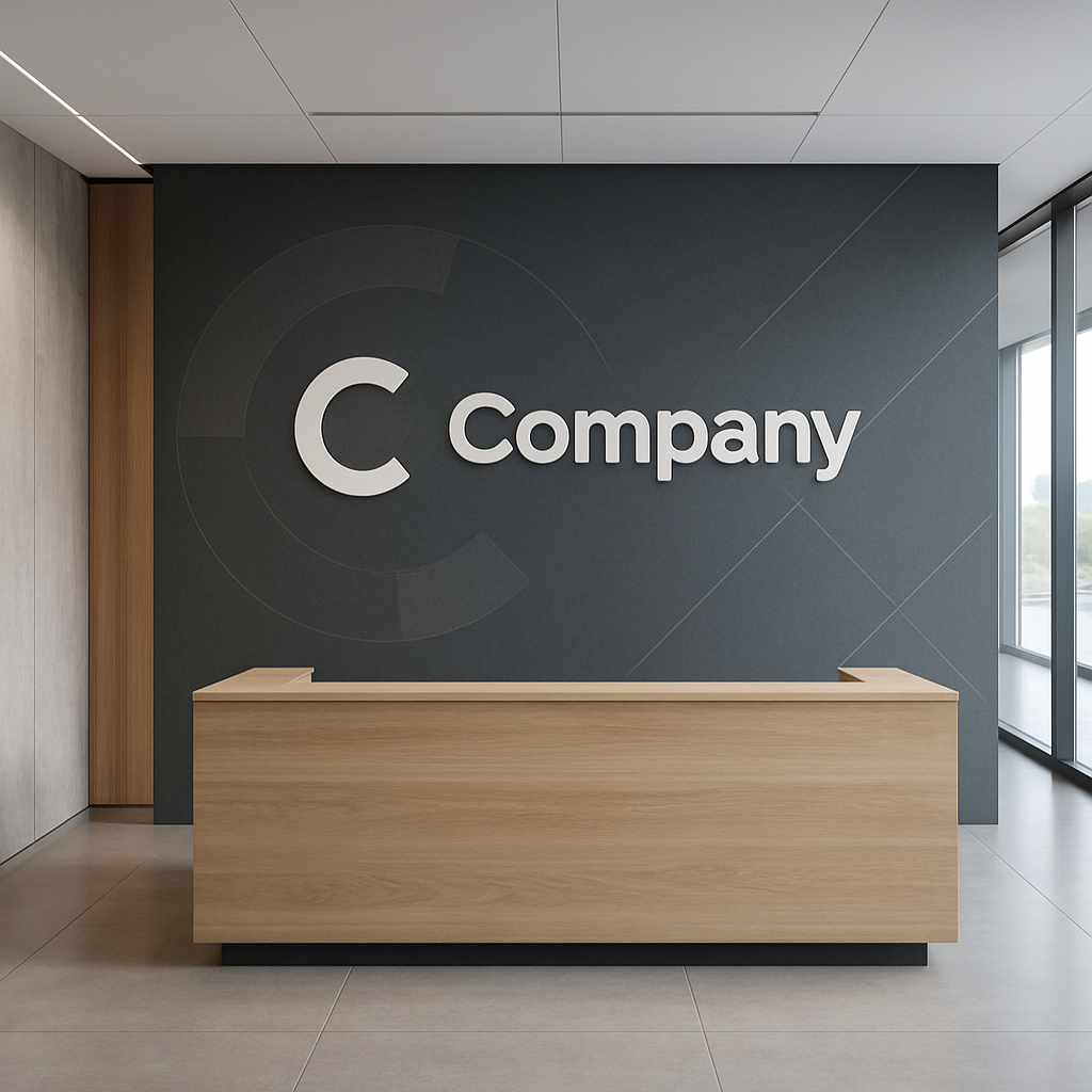 Branded company logo wall printed in a modern office reception lobby