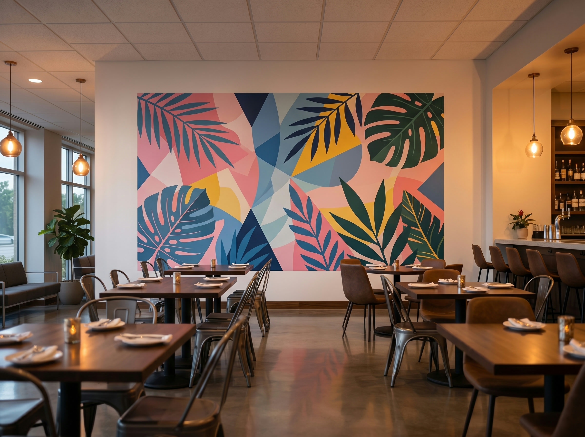 Colorful custom mural printed on a restaurant dining room wall