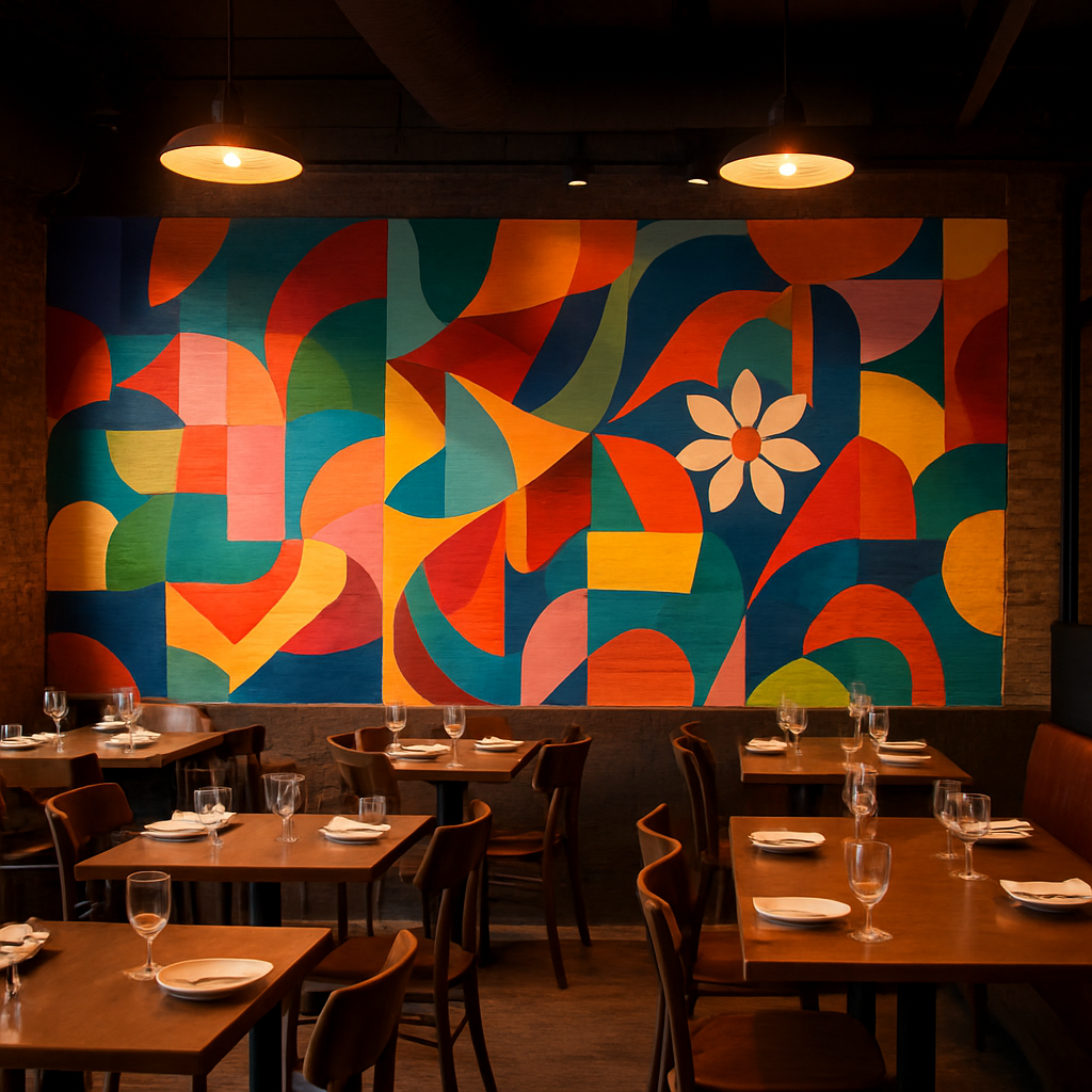 Colorful custom mural printed on a restaurant dining room wall